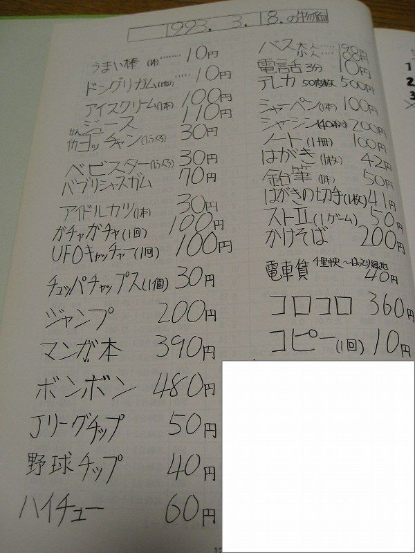1993年（平成5年）3月18日の物価が手書きで記された卒業アルバムのページ写真。バス代190円、ジャンプ200円などの価格リスト。