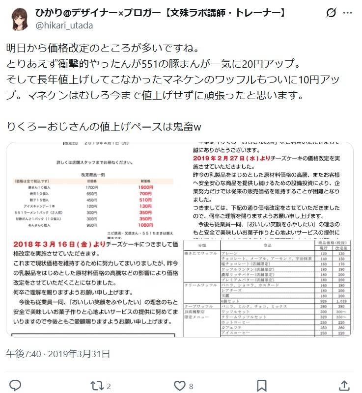 2019年4月のマネケンワッフル10円値上げを伝える、2019年3月31日のX（旧Twitter）のポスト投稿。
